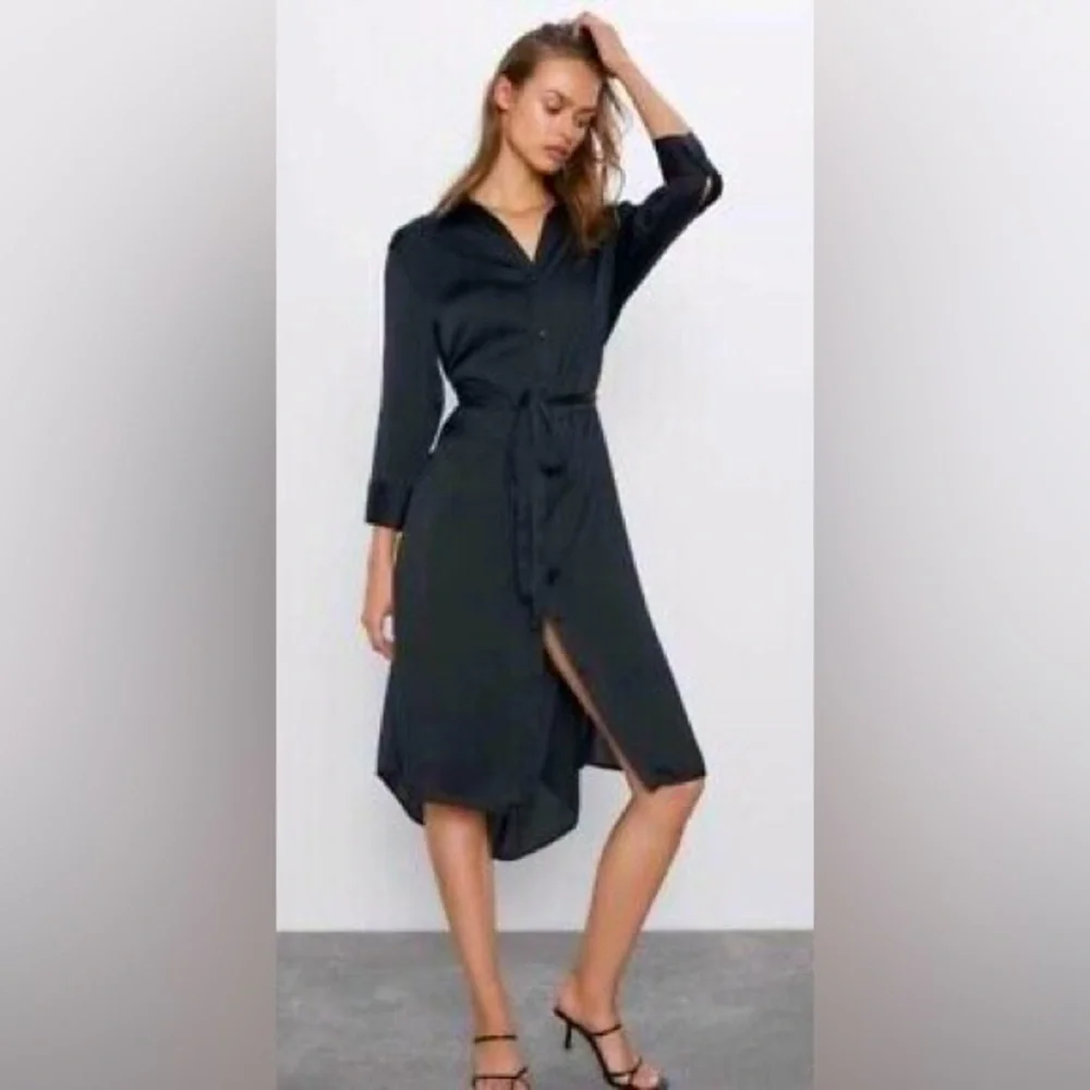 ZARA Satin Effect Black Shirt‎ Midi Dress size XS